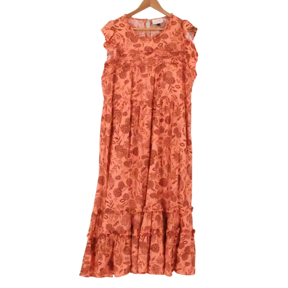 Floral Wood Block Print Tiered Maxi Dress Womens Size XXL‎ Orange Boho Peasant